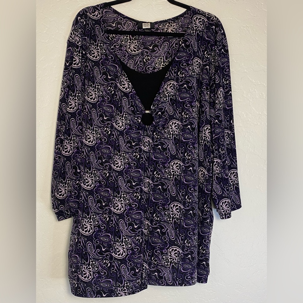 Studio 1940 Blouse 2 Piece Women Sz 4X Black/Purple Swirl Tie Front Silver Ring
